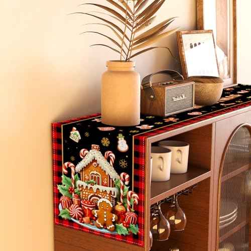 Merry Christmas Table Runner Christmas Gingerbread Tablecloth Christmas Xmas Winter Holiday Decorations and Supplies for Home Kitchen Table-13¡¿72''
