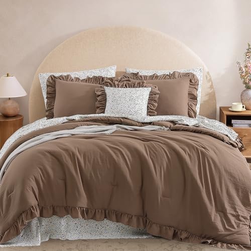 BLOOMHAVEN King Size Comforter Set Amber Brown - 7 Pieces Ruffle Floral Bedding