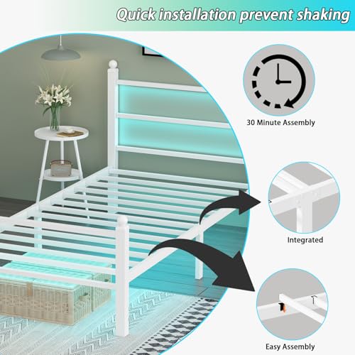 Twin Bed Frame with Headboard & Footboard - Off White, RGB LED Lights, USB Charging, Under Bed Storage - Twin Size Gohapnis