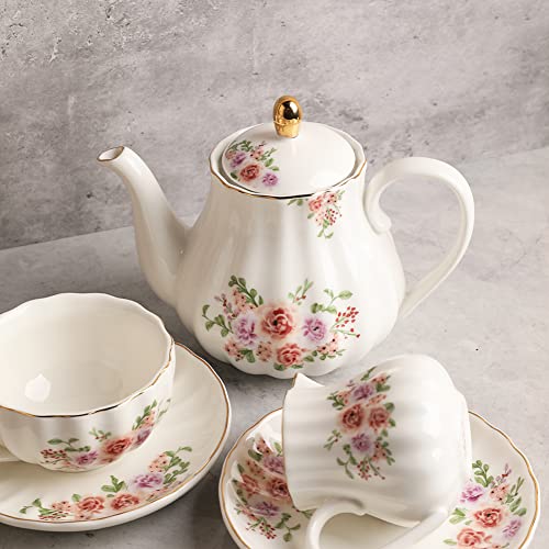 Porcelain Tea Set with Rose Flower Design - 8 OZ Cups & Saucer Service for 6, Includes Teapot Sugar Bowl Creamer & Strainer