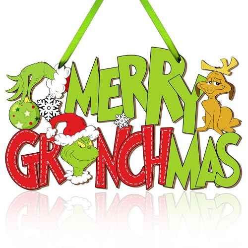Christmas Door Sign Decorations Hanging Sign, Merry Grinchmas Wooden Hanger Christmas Tree Thief Stole Dog Letter Sign Ornaments for Holiday Xmas Wreath Wall Yard Indoor Outdoor Decor
