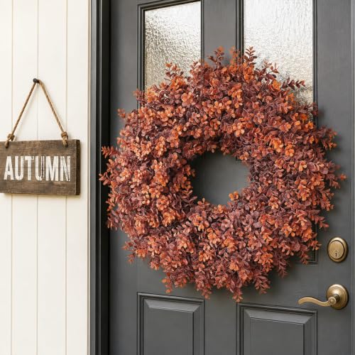 24-Inch Artificial Fall Boxwood Wreath for Front Door & Indoor Decor