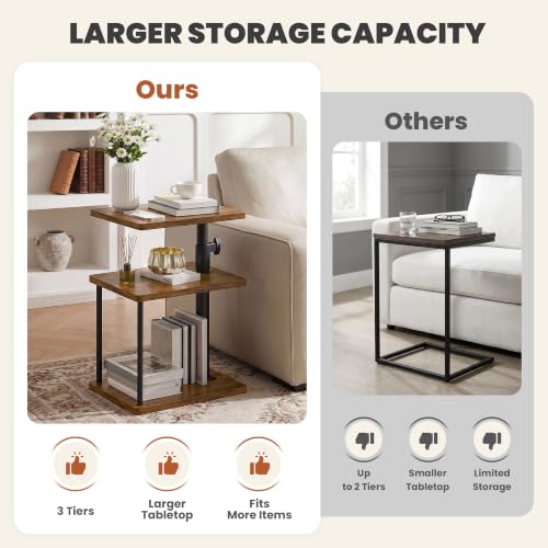 Adjustable Height Swivel End Table - Rustic Brown 3-Tier Side Table