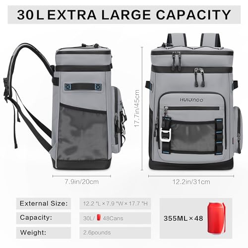 Gray Waterproof Insulated Cooler Backpack 30L for 48 Cans - Hulongo