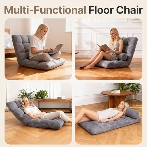 Grey Folding Floor Chair with Back Support & Adjustable 0-90° Recline