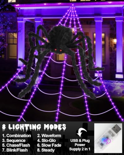 Giant Luminous Spider Web Halloween Decorations with Spider & Lights
