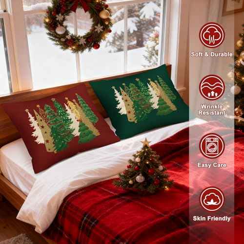 Lanpn Christmas Standard Pillowcase 20x26 Set of 2, Red Green Decorative Lumbar Pillow Cases 20 x 26 Long Rectangle Standard Shams Throw Bed Pillow Covers Xmas Cushion Cover 2 Pack