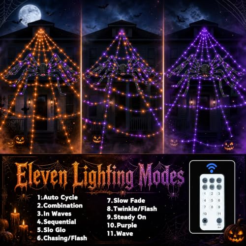 Halloween Spider Web Lights Outdoor 550 LEDs Purple & Orange with Remote & Timer - Waterproof Yard Decor