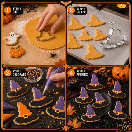 Halloween Cookie Cutter Set 7-Shape Weenkilly Witch Hat Pumpkin Black Cat Ghost Bat Skull Tombstone Variation Halloween