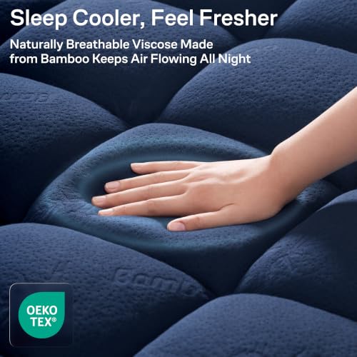 Navy Blue King Mattress Topper - Ultra Soft Bamboo Rayon, Back Pain Relief
