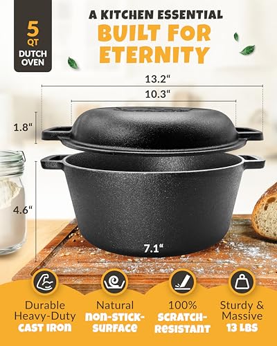 CRUSTLOVE 5 QT Pre-Seasoned Dutch Oven for Bread Baking with Lid and