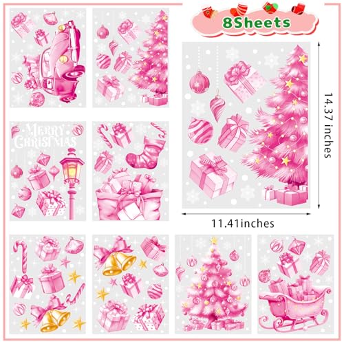 Pink Christmas Window Clings - 8 Sheets Holiday Decor for Glass & Surfaces