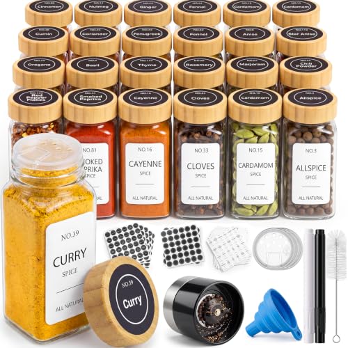 24 Pack Glass Spice Jars with Labels, Dual Shaker & Pepper Grinder Lids