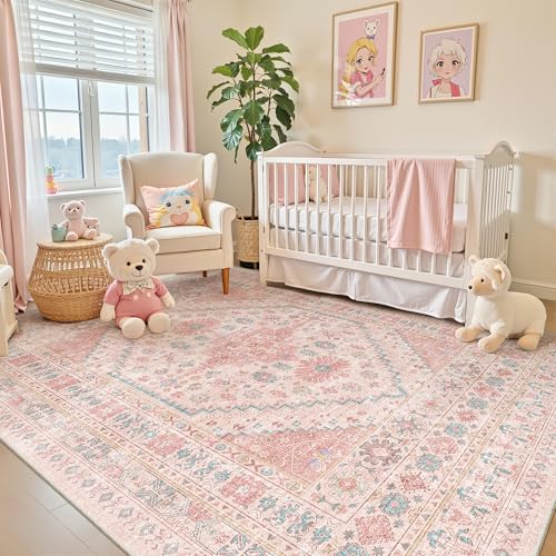 Pink Area Rug 5x7 for Bedroom & Living Room - Non-Slip Geometric Design - Pink/Blue Variation