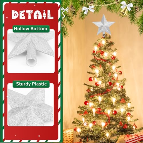 SRISE Silver 8 Inch Glitter Christmas Star Tree Topper Holiday Decor