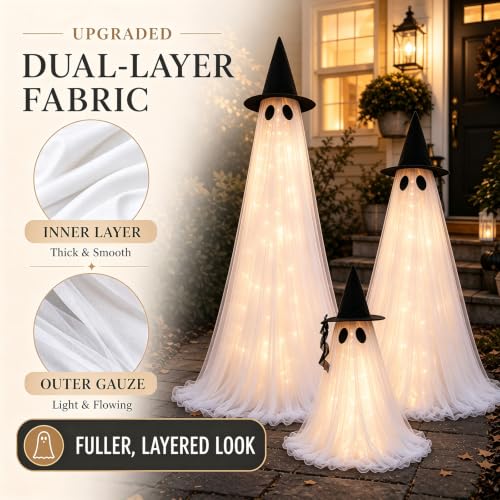 CheerBloom 3 Pack Light-Up Ghost Halloween Decorations Outdoor, Adjustable 6ft, 5ft, 2.6ft with Remote & Reusable Fabric