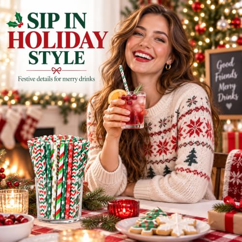 200 Christmas Paper Straws, 7.75in Party Straws