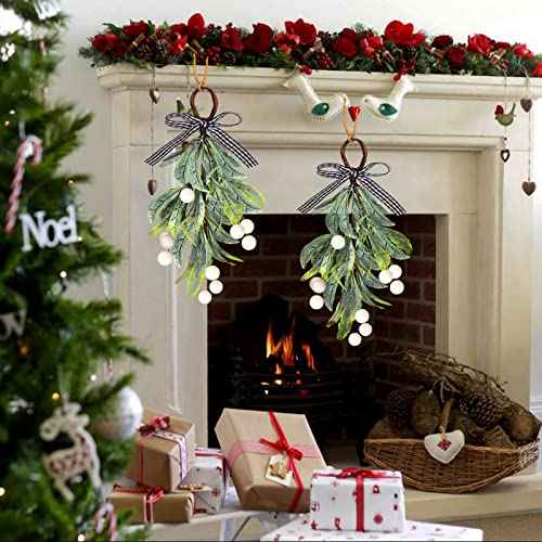 Mistletoe Decor, Artificial Hanging Christmas Mistletoe Picks Plaid Bow White Berries, Kissing Ball Ornaments for Christmas Doorway Kitchen Tree Decorations