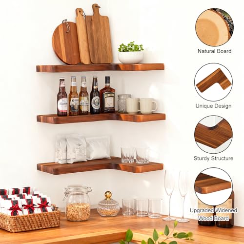 Acacia Floating Corner Shelves Set of 3 Wall Mount Wooden Storage Shelves