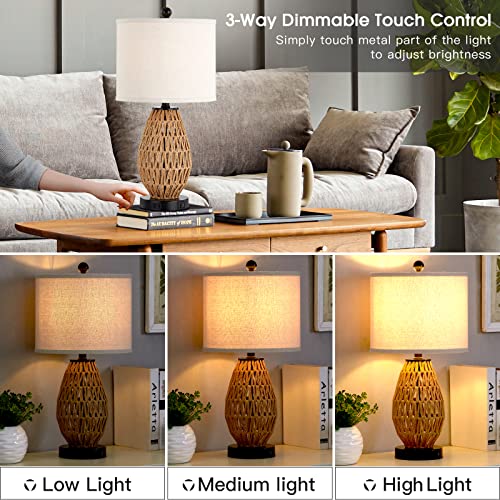 CINSARY Rattan Touch Control Bedside Table Lamps Set of 2 with USB & AC Outlet, Dimmable Nightstand Lamps for Bedroom & Living Room — Natural Wicker Finish