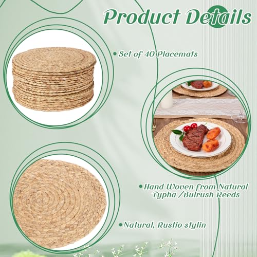 Foldtier 40 Pcs Round Woven Placemats Set - 11.8 Inch Natural Water Hyacinth