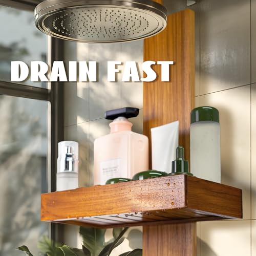 Teak Hanging Shower Caddy with Hooks - Over Head Bathroom Organizer