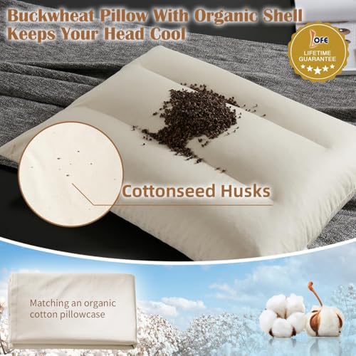 Buckwheat Pillow with Baffle Box- Adjustable Height Reduce Neck Pain