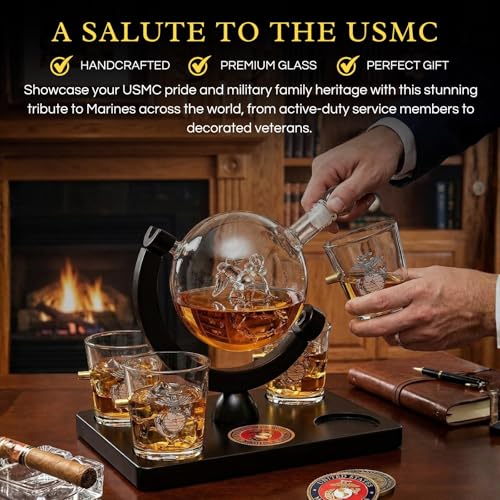 USMC Whiskey Decanter Set with Globe & Glasses - Military Gift for Men