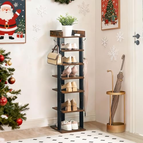 HOOBRO Rustic Brown 7-Tier Vertical Shoe Rack with Hooks, Space-Saving Entryway Organizer 11"L x 11"W x 41.3"H