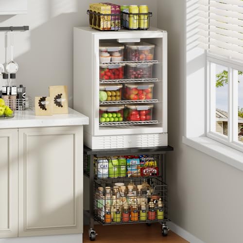 Black Mini Fridge Stand with Storage Drawers - Heavy Duty Kitchen Cart