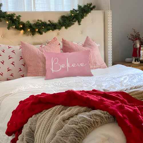 Pink Christmas Throw Pillow Cover 12x20, Merry Christmas Decorative, Xmas Winter Christmas Indoor Outdoor Decorative Throw Pillow Case for Home Bed Living Room Couch Decor