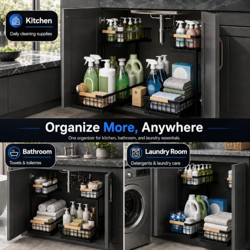 GeeBom Under Sink Organizer 2 Pack - Black, 11.8W x 15.9D x 13.8-16.9H Double Sliding Metal Shelves