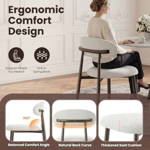 Beige Upholstered Dining Chairs Set of 2 - Modern Kitchen & Dining Room Seating with Curved Back & Bronze Metal Legs