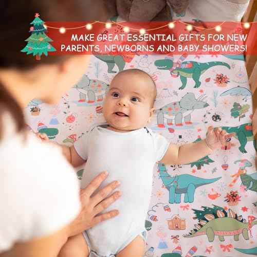 JISEN Christmas Fitted Crib Sheet - Soft Dinosaurs Pattern Baby Bed Sheets for Standard and Toddler Mattress for Boys Girls Neutral, Pink 28x52 Inch