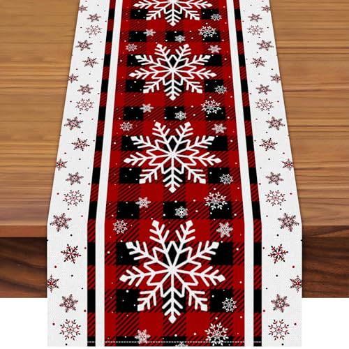 Pedenty Red Buffalo Plaid Christmas Table Runner with White Snowflakes, 72 x 13 in (Variation: Red Snowflake)