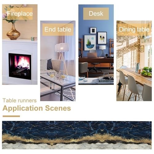 DKMQQUL Marble Table Runner 13x36 Inch Navy Blue Gold Abstract Art