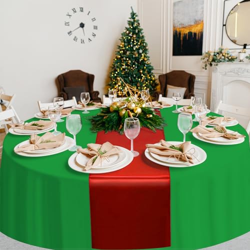 MASHAN 12 Pack Green Red Satin Table Runners & 84-Inch Plastic Christmas Tablecloths Set