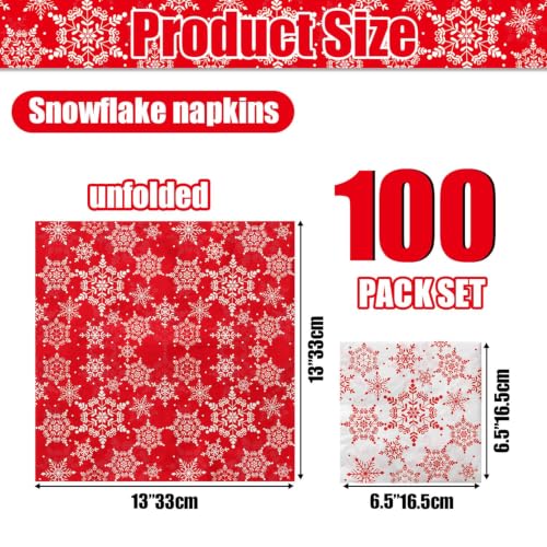 100 Pcs Christmas Snowflake Napkins - Red & White Holiday Paper Napkins for Xmas Party