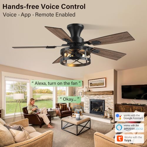 42-Inch Smart Farmhouse Ceiling Fan with Lights & Remote - Black Walnut, Flush Mount, Alexa Compatible