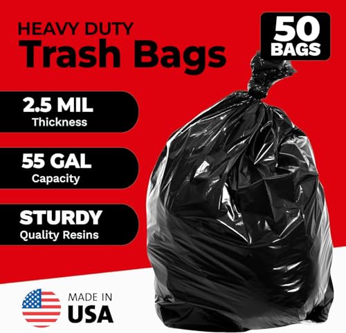 Heavy Duty Trash Bags 55 Gallon Black 50 Count - Tear & Puncture Resistant, 2.5 Mil, Made in USA (Variation: Black / 50 Count)