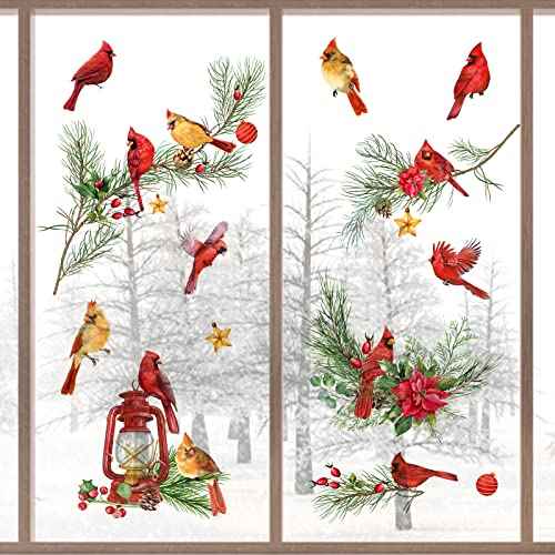 Mfault Winter Cardinal Window Clings 9 Sheets, Christmas Red Birds Glass Stickers Decal Poinsettia Pine Cone Bedroom Decorations, Xmas Kerosene Lamp Tree Branches Home Kitchen Living Room Decor