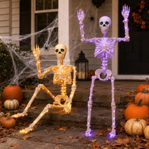 Halloween Skeleton Decor 2 Pack with Orange & Purple Lights, Adjustable Joints, 3FT