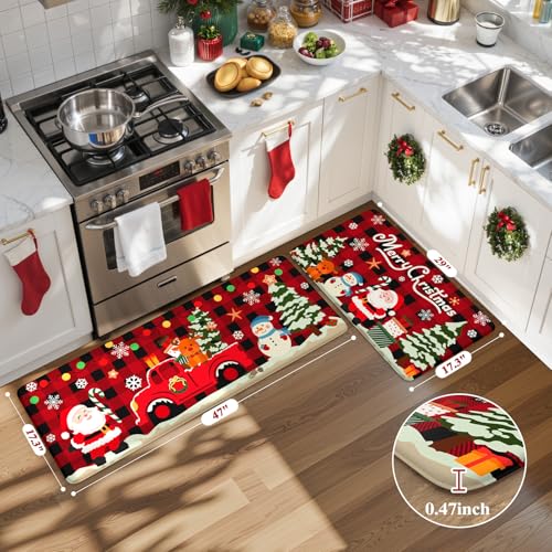 Sungea Christmas Kitchen Anti-Fatigue Mat Set of 2, Santa & Buffalo Plaid Farmhouse Rugs, Non-Slip 17.3x29