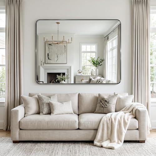30x55 Inch Black Metal Framed Bathroom Mirror - Tempered Glass, Anti-Rust, Rounded Rectangle