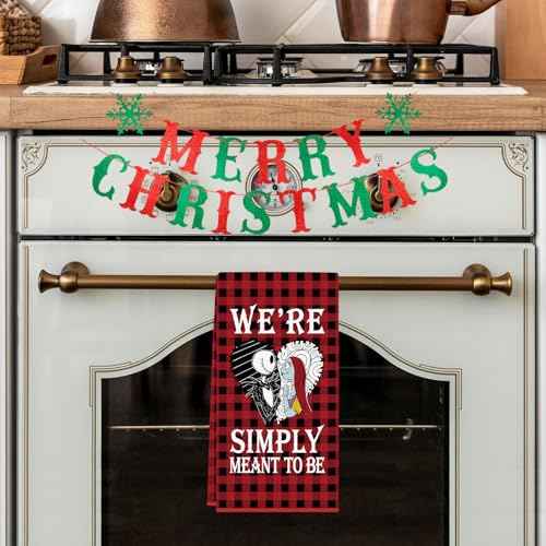 Nightmare Christmas Kitchen Towel, Nightmare Christmas Kitchen Bathroom Decorations, Holiday Hand Towel Dish Cloth for Women Men, Jack Sally Meant to Be Xmas Home Decor Party Favors