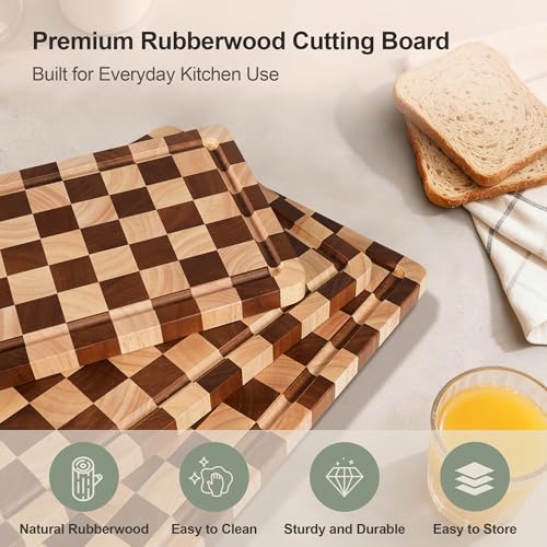 Checkered Cutting Board Set - 3 Sizes with Stand, Juice Groove & Handles