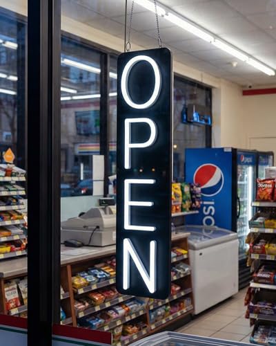 HiNeon White Vertical Open Sign - 28x7 Inch LED Business Sign with Remote, 6 Modes