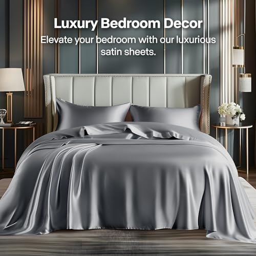 Satin Bed Sheets Set King Size - Dark Grey, 4 Pieces - Luxury Bedding