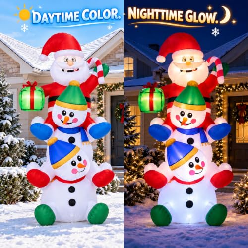 6.8 ft Santa on 2 Snowmen Inflatable Decoration with LED Lights