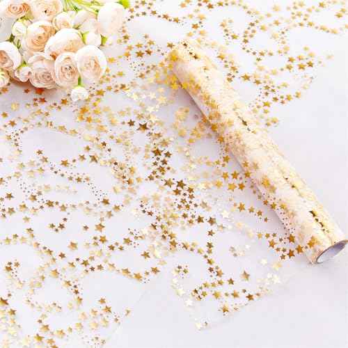 YATOJUZI Gold Table Runner,16 Ft Golden Star Sheer Chiffon Tulle Table Runner,Sequin Glitter Metallic Foil Gold Table Decorations Centerpiece for Wedding Birthday Christmas Party